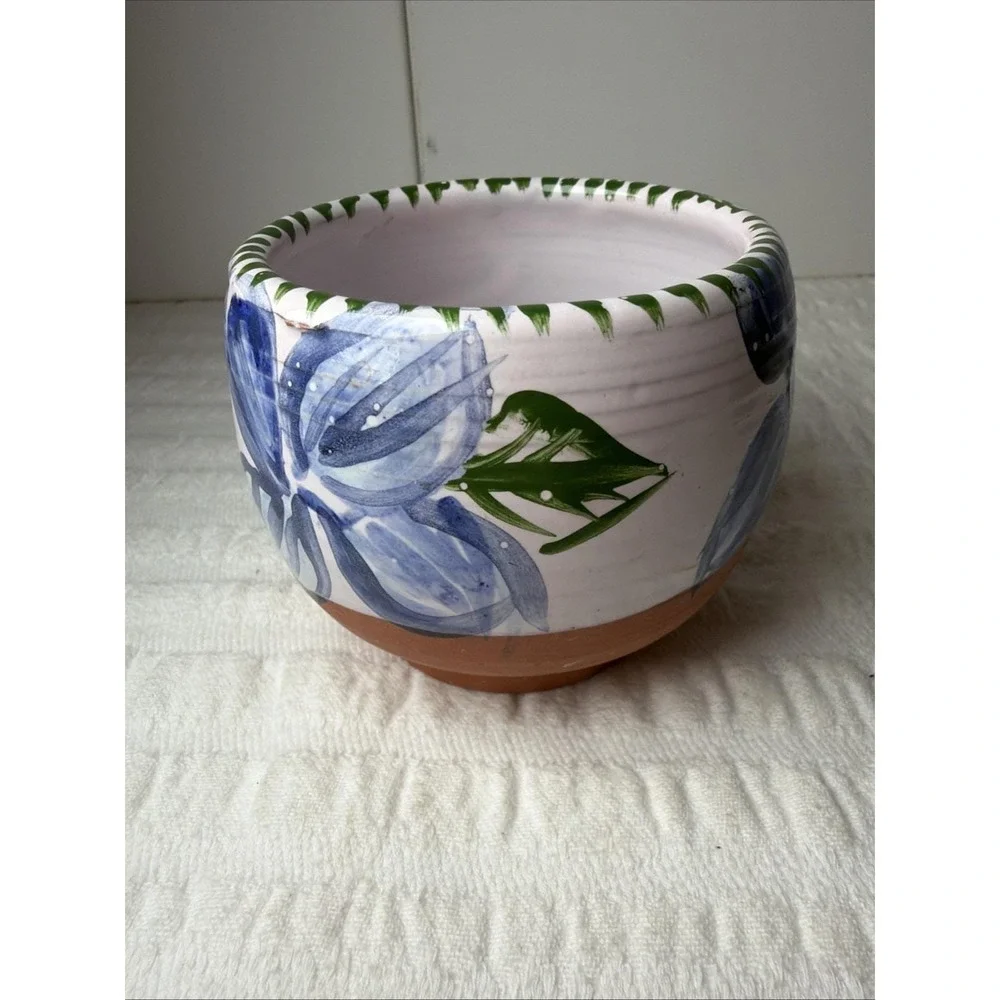 Handmade Painted Floral Blue Green Terra Cotta Pottery Planter Signed Skinner
